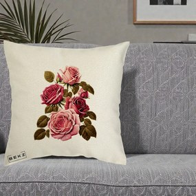 Perna Decorativa Trandafiri Vintage Roz-Rosii, 40x40 cm, Ecru, Husa Detasabila, Perna Inclusa, BEKZ®