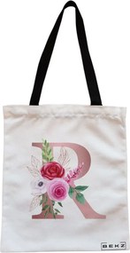 Sacosa de Panza pentru Cumparaturi, Geanta Tote, Cu litera R Rose Gold si Trandafiri, Cu fermoar, 38x34.5 cm, Alba, BEKZ®