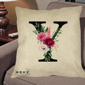 Cadou Personalizat - Perna Personalizata Monograma Florala Litera Y cu Buchet, 40x40 cm, Crem, Husa Detasabila, Perna Inclusa, BEKZ®
