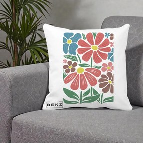 Perna Decorativa Flori Grafice Colorate Retro, 40x40 cm, Alba Mata, Husa Detasabila, Perna Inclusa, BEKZ®