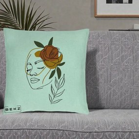 Perna Decorativa Portret Feminin Trandafir Ruginiu, 40x40 cm, Verde Menta, Husa Detasabila, Perna Inclusa, BEKZ®