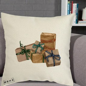 Perna Decorativa Cadouri de Craciun Kraft, 40x40 cm, Ecru, Husa Detasabila, Perna Inclusa, BEKZ®