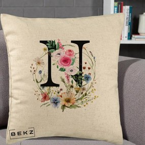Cadou Personalizat - Perna Personalizata Monogram Litera N cu Flori Acuarela, 40x40 cm, Bej, Husa Detasabila, Perna Inclusa, BEKZ®