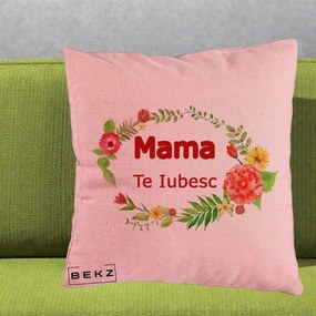 Cadou pentru Mama - Perna Personalizata Mama Te Iubesc Flori Rosii, 40x40 cm, Roz, Husa Detasabila, Perna Inclusa, BEKZ®