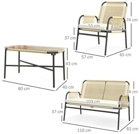 Outsunny Set pentru Exterior din Canapea cu 2 Locuri, 2 Fotolii cu Perne și Măsuță de Cafea din Sticlă, 110x65x74 cm, Galben | Aosom Romania