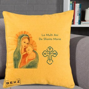 Cadou de Onomastica - Perna Personalizata Sfanta Marie Icoana Acuarela, 40x40 cm, Galben, Husa Detasabila, Perna Inclusa, BEKZ®