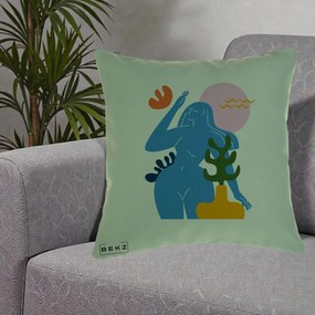 Perna Decorativa Femeie Albastra Cactus, 40x40 cm, Verde, Husa Detasabila, Perna Inclusa, BEKZ®