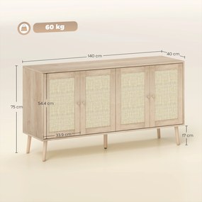 HOMCOM Bufet pentru living, mobilier de depozitare cu uși cu împletitură (cannage) și poliță reglabilă 140 x 40 x 75 cm, aspect lemn natural | Aosom Romania