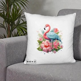 Perna Decorativa Flamingo cu Hibiscus Tropical, 40x40 cm, Alb Pufos, Husa Detasabila, Perna Inclusa, BEKZ®