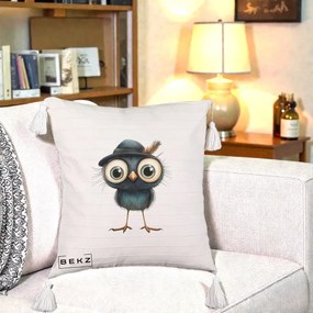 Perna Decorativa Pui Misterios cu Palarie Neagra, 40x40 cm, Bej cu Franjuri, Husa Detasabila, Perna Inclusa, BEKZ®