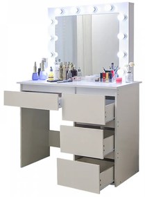 Masă de toaletă Antoaneta, Masă machiaj cu oglindă iluminată LED, 4 sertare, Alb