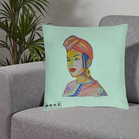 Perna Decorativa Portret Femeie Africana, 40x40 cm, Verde Menta, Husa Detasabila, Perna Inclusa, BEKZ®