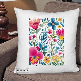 Perna Decorativa Gradina Florala Acuarela Colorata, 40x40 cm, Alb Pufos, Husa Detasabila, Perna Inclusa, BEKZ®