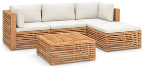 Set mobilier de gradina cu perne crem 5 piese lemn masiv de tec Crem, 2x colt + mijloc + 2x suport pentru picioare, 1