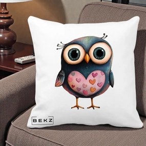 Perna Decorativa Bufnita cu Inimioare Roz, 40x40 cm, Alba Mata, Husa Detasabila, Perna Inclusa, BEKZ®