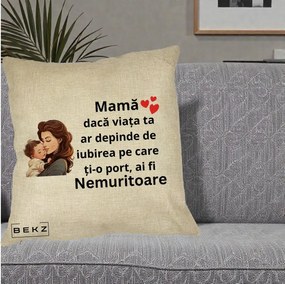 Cadou pentru Mama - Perna Personalizata Mama Nemuritoare cu Bebelus Lineart, 40x40 cm, Crem, Husa Detasabila, Perna Inclusa, BEKZ®