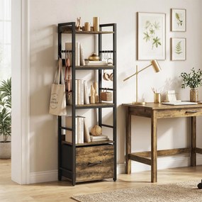 HOMCOM Bibliotecă cu 4 niveluri, etajeră de depozitare îngustă cu sertar, 8 cârlige, , 39 x 26 x 136,5 cm, maro rustic | Aosom Romania