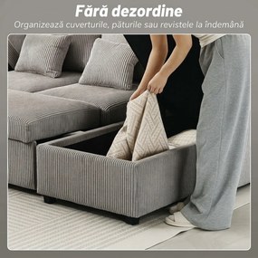 HOMCOM Canapea Extensibilă Modernă în Formă de U și Spații de Depozitare, Catifea Reiată, 282x140x86 cm, Gri | Aosom Romania