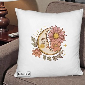 Perna Personalizata Luna Boho Chip Floral, 40x40 cm, Alb Pufos, Husa Detasabila, Perna Inclusa, BEKZ®