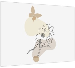 Tablou pe sticlă - Flori bej cu fluture N⁰3 (70x50 cm)