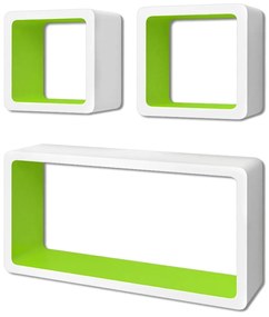 3 Rafturi de tip cub din MDF pentru carti DVD-uri, Alb-Verde 3, Verde