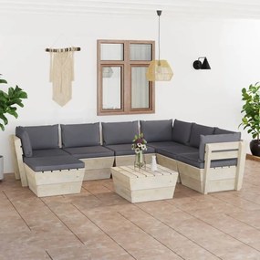 Set mobilier gradina din paleti cu perne, 8 piese, lemn molid Antracit, 3x colt + 3x mijloc + masa + suport pentru picioare, 1