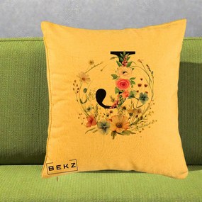 Cadou Personalizat - Perna Personalizata Monogram Litera J cu Flori Acuarela, 40x40 cm, Galben, Husa Detasabila, Perna Inclusa, BEKZ®