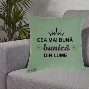 Cadou pentru Bunica - Perna Personalizata Cea Mai Buna Bunica Din Lume Coroana Mov Flori, 40x40 cm, Verde, Husa Detasabila, Perna Inclusa, BEKZ®
