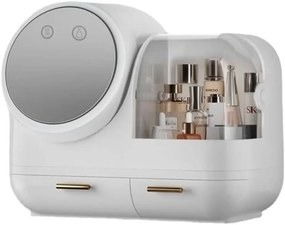 RESIGILAT- Organizator cosmetic cu Ventilator, Oglindă iluminare LED, rotativă 360 grade, portabilă, incarcare USB, depozitare compartimentata, cu sertare, 31x37,5x22 cm, Alb
