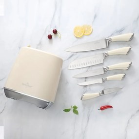 Set de cutite Swiss Haus SH-KSL6CR, 6 piese, Otel inoxidabil, Manere metalice, Suport, Crem