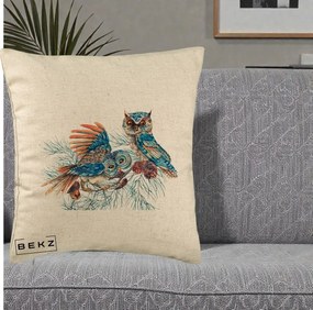 Perna Decorativa Bufnite de Iarna Albastre, 40x40 cm, Bej, Husa Detasabila, Perna Inclusa, BEKZ®