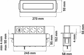 Priza incorporabila in blat Hop Box Design Light, 3 prize Schuko, USB A + C, otel inoxidabil periat   negru, 273 x 93 mm Metal Plastic, Otel