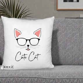 Perna Personalizata Cute Cat cu Ochelari, 40x40 cm, Alb Pufos, Husa Detasabila, Perna Inclusa, BEKZ®