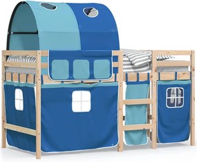 vidaXL Pat etajat de copii cu tunel albastru 90x190 cm lemn masiv pin