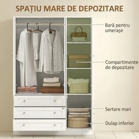 HOMCOM Dulap Modern cu Bară pentru Umerașe, 3 Sertare și Raft Reglabil, Alb | Aosom Romania