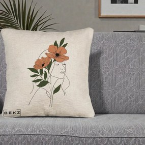 Perna Decorativa Portret Feminin Doua Maci Terracotta, 40x40 cm, Bej Canapea, Husa Detasabila, Perna Inclusa, BEKZ®