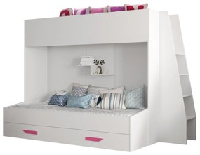 Pat pentru copii combinat 90 cm Puro 17 (alb mat + alb lucios + mânere roz). 1087118