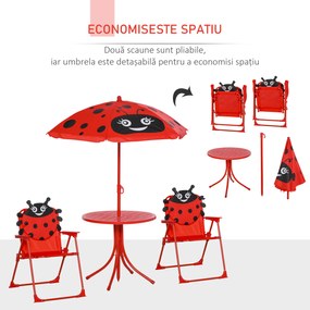 Outsunny Set masă de grădină cu 2 scaune pliabile, masă și scaune pentru copii în aer liber cu umbrelă din metal și poliester, roșu | Aosom Romania