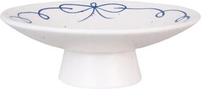 Platou pe picior decorativ vintage din ceramică, alb cu detalii albastre „Viola Bow”