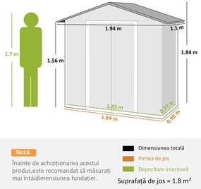 Outsunny  Magazie de Grădină cu Ușă Dublă Culisanta, 4 Prize de Aerisire și Sistem de Blocare, 194x110x184 cm, Gri | Aosom Romania