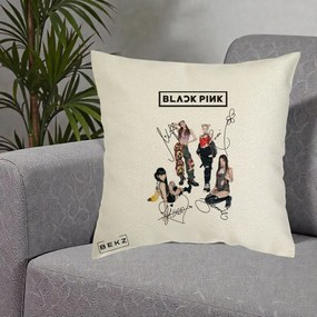 Perna Personalizata K-pop BLACKPINK Fotografie Grup Autografe Toate Membre, 40x40 cm, Ecru, Husa Detasabila, Perna Inclusa, BEKZ®