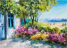 Tablou pe sticlă - Grădina din fața casei, pictură în ulei (70x50 cm)