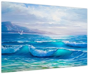 Tablou - Pictură în ulei de mare cu pescăruși (90x60 cm)