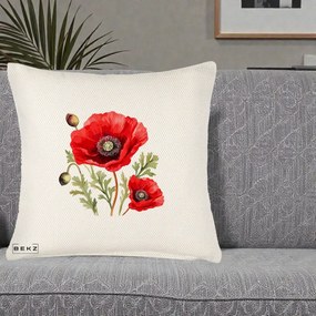 Perna Decorativa Maci Rosii Acuarela, 40x40 cm, Crem Reliefat, Husa Detasabila, Perna Inclusa, BEKZ®