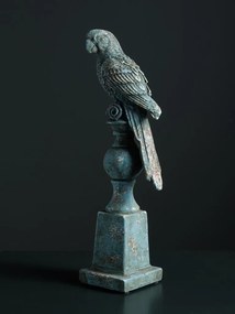 Statuie decorativa papagal pe suport din rășină, finisaj albastru antichizat, H37 cm