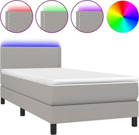 vidaXL Pat cu arcuri, saltea și LED, gri deschis, 90x190 cm, textil