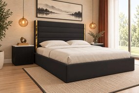 Pat tapițat din catifea Veyra 140×200 cm, negru, detalii aurii, cu ladă de depozitare