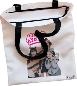 Sacosa de Panza pentru Cumparaturi, Geanta Tote, model Blackpink k-pop, Cu fermoar, 38x34.5 cm, Alba, BEKZ®