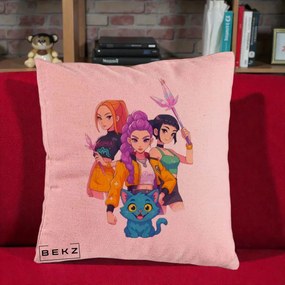 Perna Personalizata K-pop HUNTRX Trio cu Pisica si Cristale, 40x40 cm, Roz, Husa Detasabila, Perna Inclusa, BEKZ®