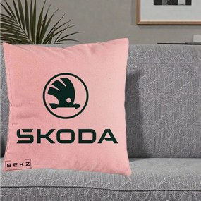 Perna Personalizata cu emblema Skoda, 40x40 cm, Roz, Husa Detasabila, Perna Inclusa, BEKZ®
